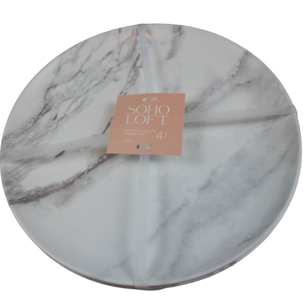 Soho Loft Melamine Dinner Plates White Gray Marble Look Set of 4 Round 11" NWT